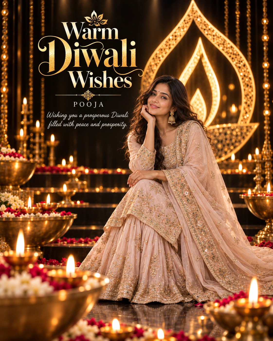 Black Gold Festival Stage Cinematic Layered Story Diwali Wishes — Pooja — Greeting Cards AI poster reference