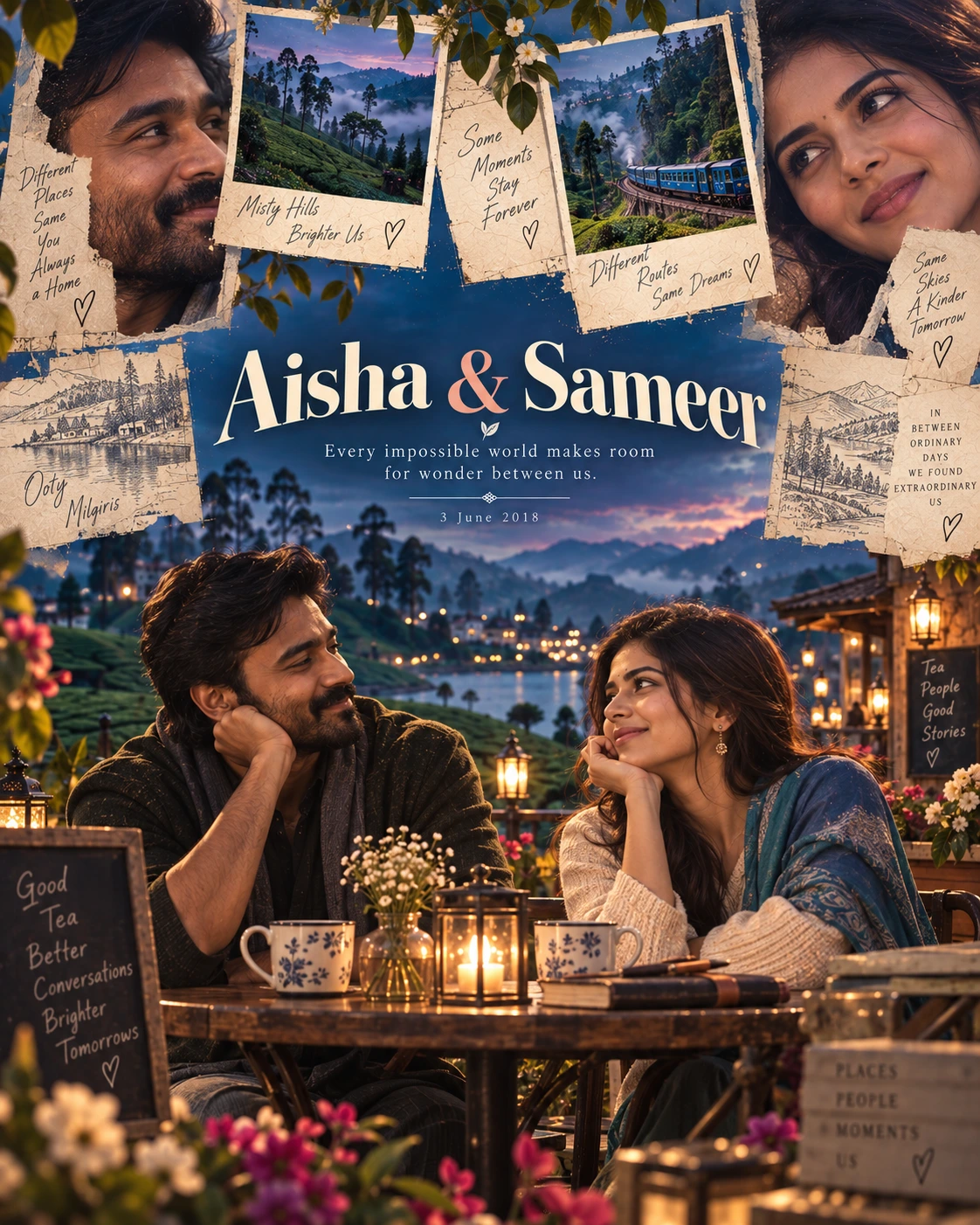Ooty Tea Letter Layers Surreal Romance — Engagement AI poster reference
