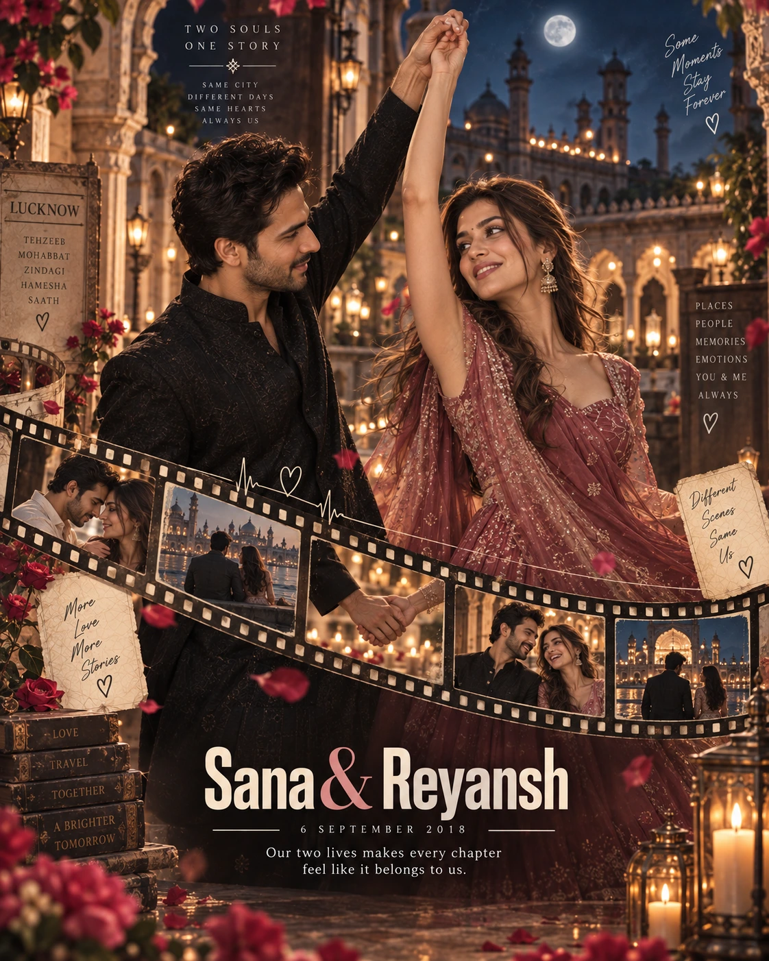Lucknow Courtyard Filmstrip Dance Two Souls — Wedding AI poster reference