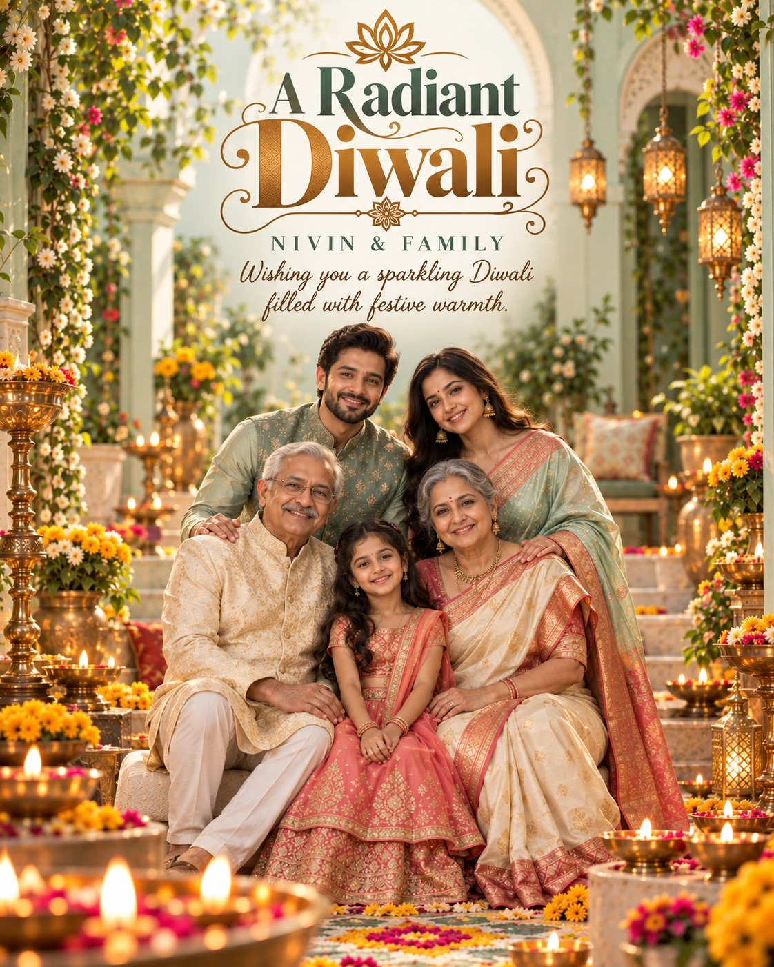 Mint Rangoli Courtyard Cinematic Layered Story Diwali Wishes — Nivin & Family — Greeting Cards AI poster reference