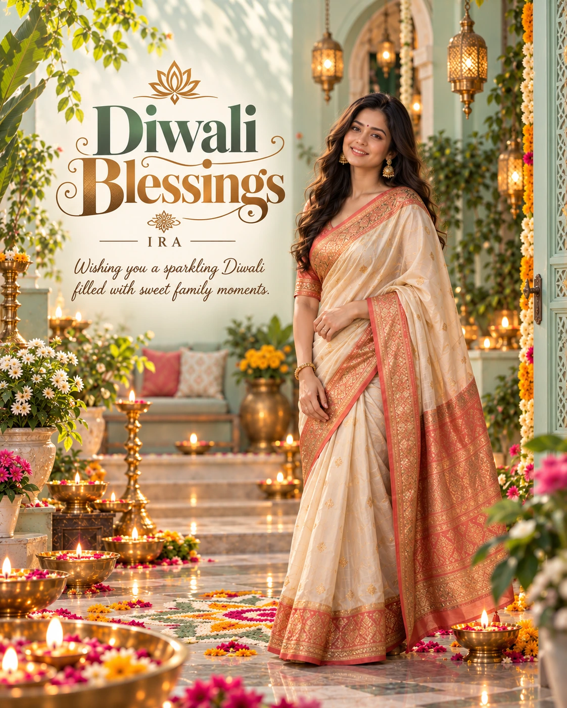 Mint Rangoli Courtyard Editorial Portrait Diwali Wishes — Ira — Greeting Cards AI poster reference