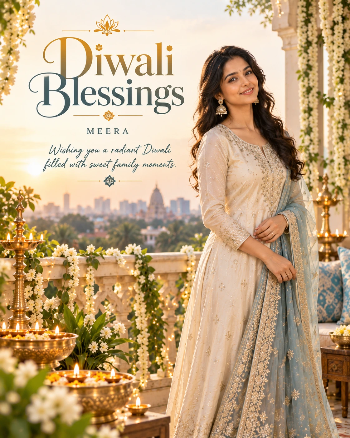 Jasmine Balcony Dawn Editorial Portrait Diwali Wishes — Meera — Greeting Cards AI poster reference