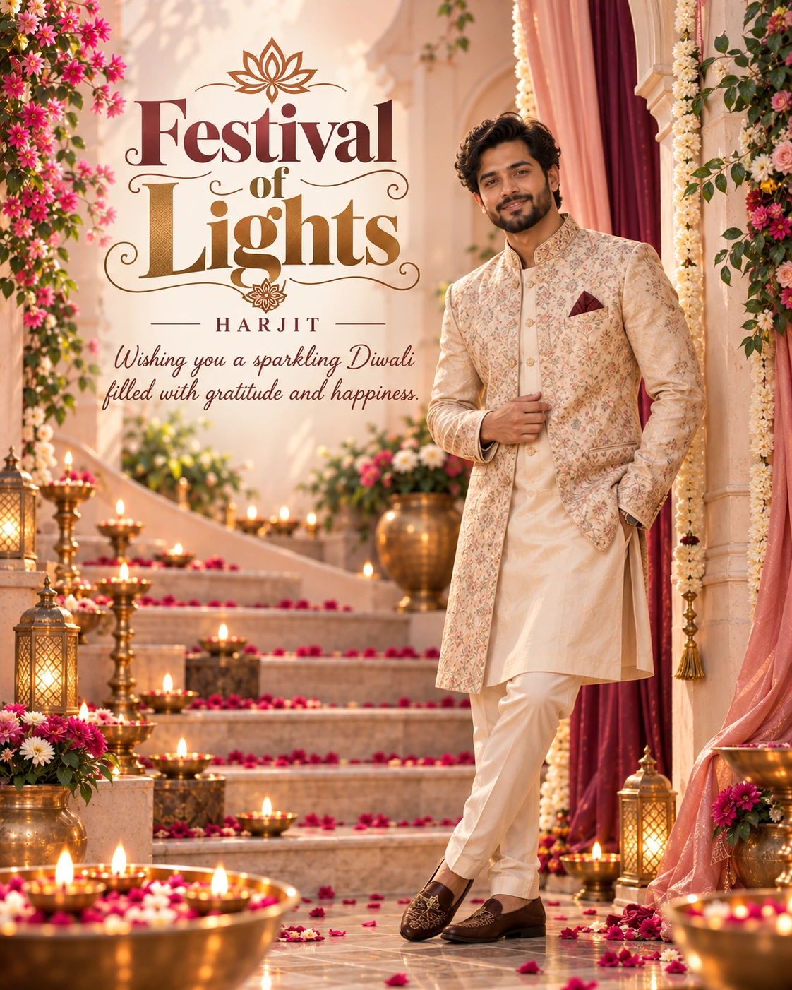 Blush Festive Staircase Editorial Portrait Diwali Wishes — Harjit — Greeting Cards AI poster reference
