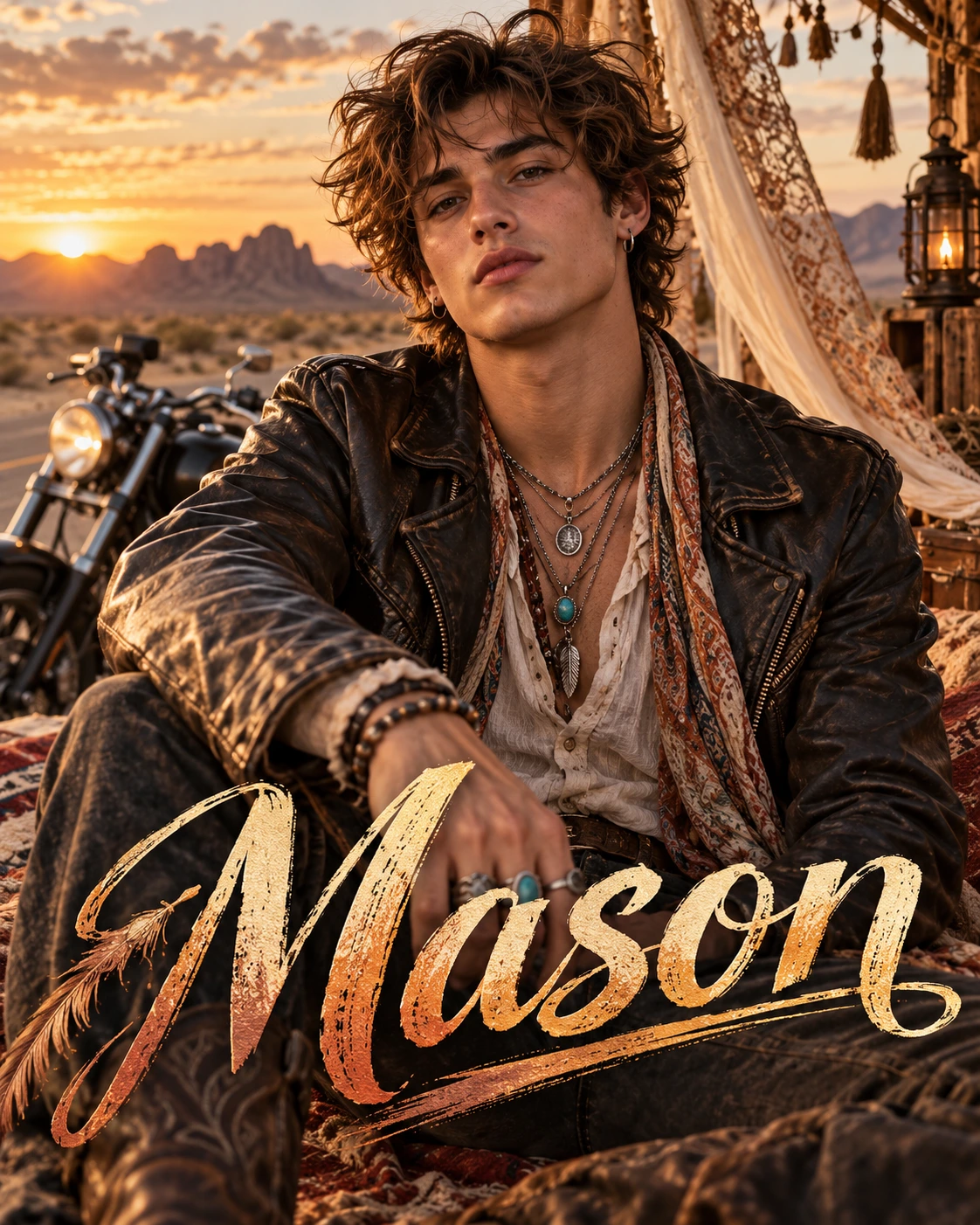 Mason — Moto Boho Editorial Closeup Profile Poster — Instagram Posts AI poster reference