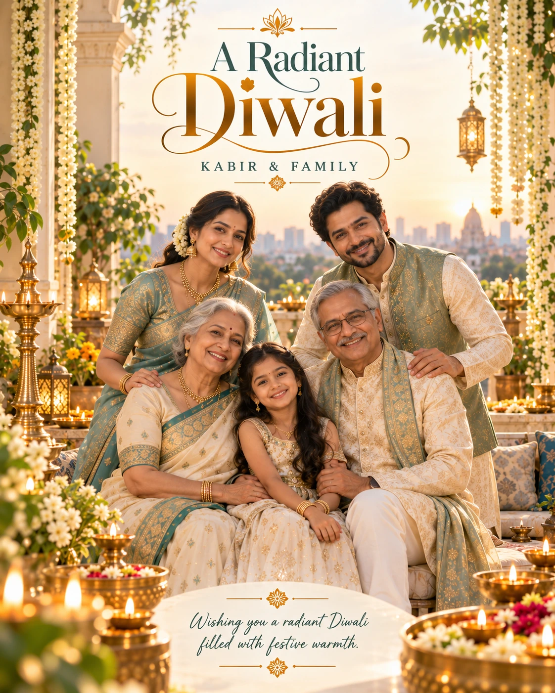 Jasmine Balcony Dawn Cinematic Layered Story Diwali Wishes — Kabir & Family — Greeting Cards AI poster reference
