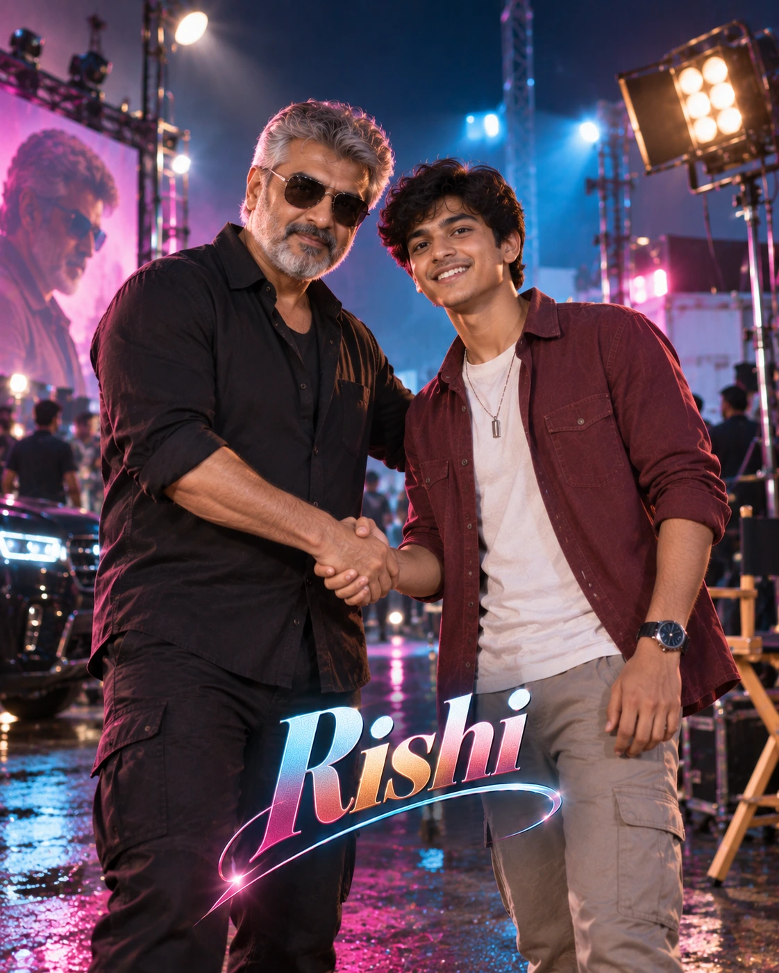 Rishi with Ajith Kumar — Neon Night Energy Dream Poster — Instagram Posts AI poster reference