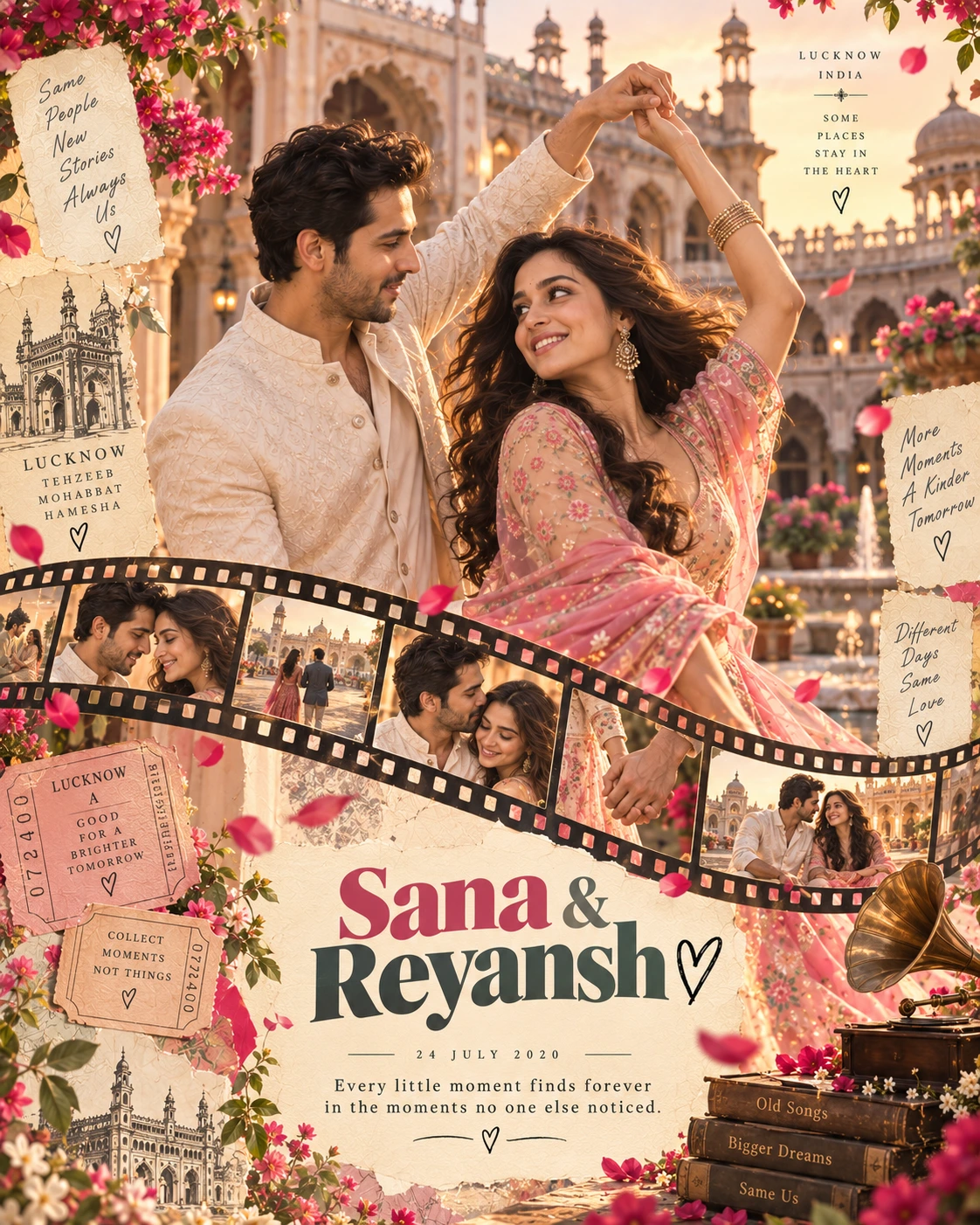 Lucknow Courtyard Filmstrip Dance Whimsical Collage — Engagement AI poster reference