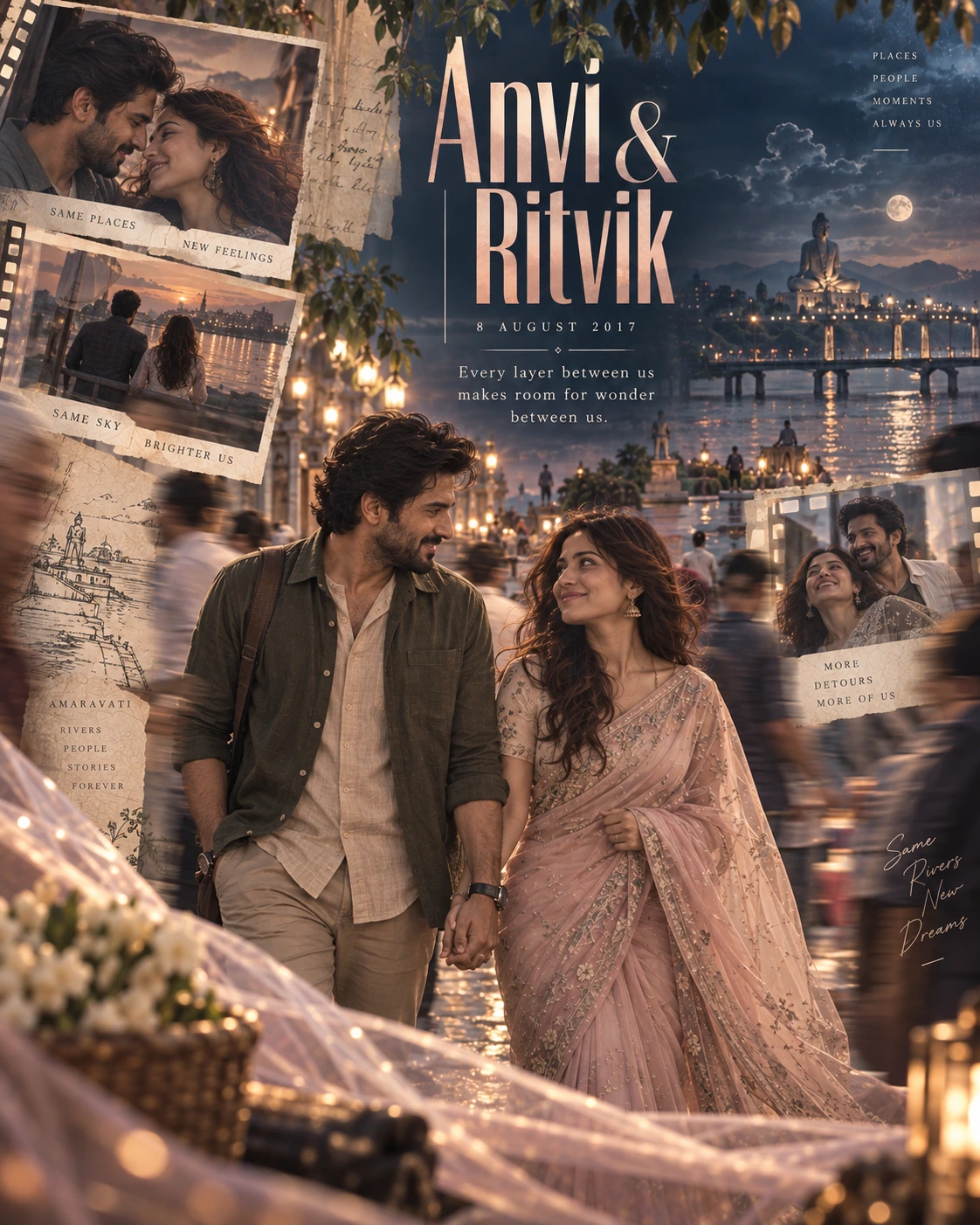 Amaravati Motion Slices Layered Romance — Anniversary AI poster reference
