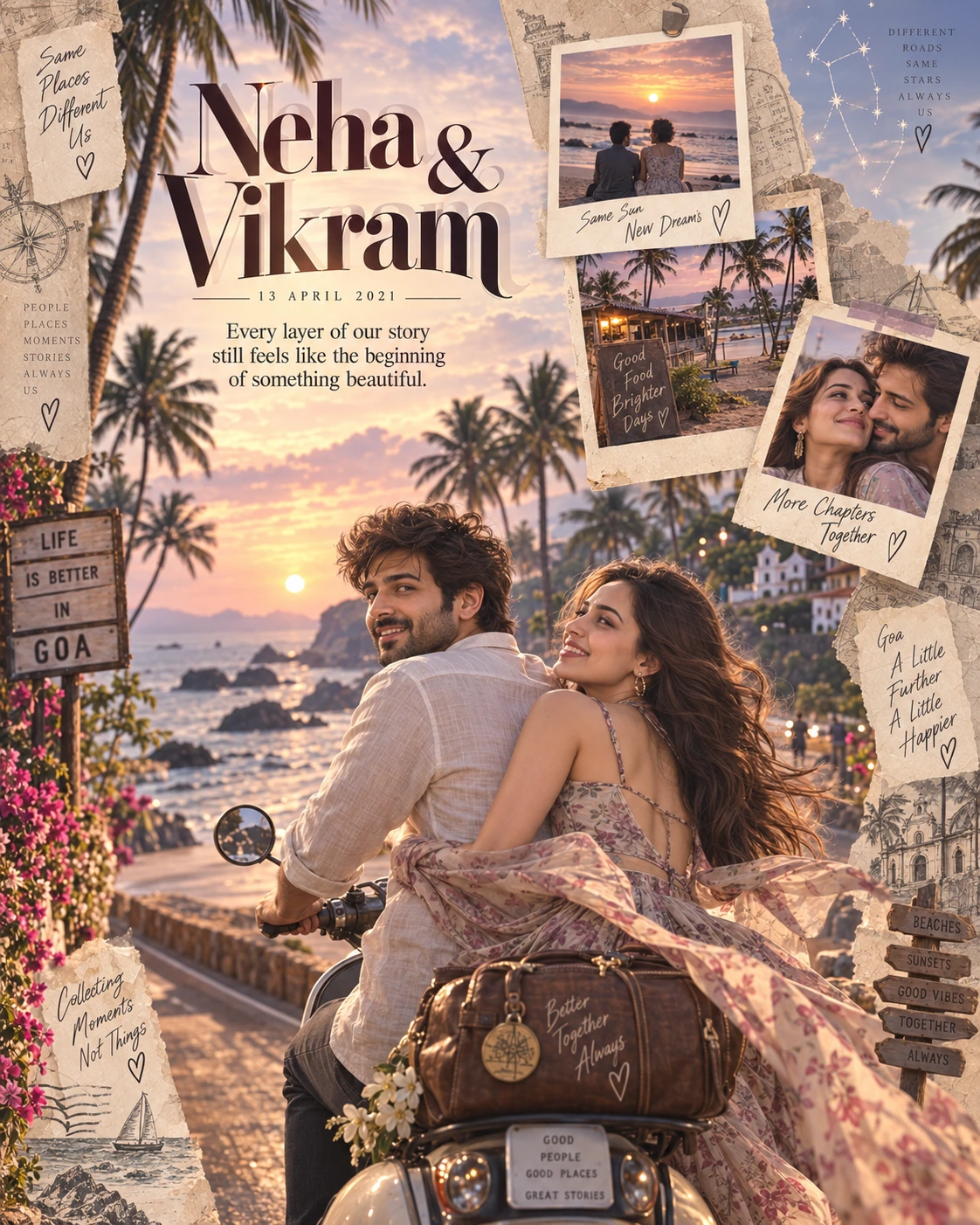 Goa Coast Polaroid Trail Layered Memory — Anniversary AI poster reference