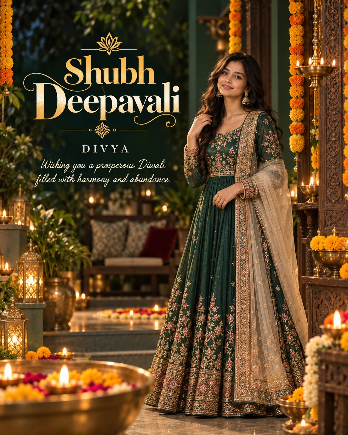 Forest Green Veranda Editorial Portrait Diwali Wishes — Divya — Greeting Cards AI poster reference
