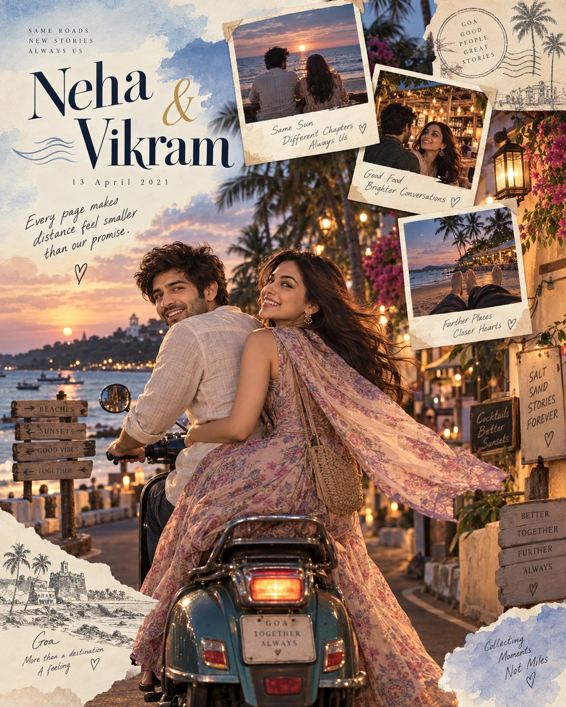 Goa Coast Polaroid Trail Storybook Love — Anniversary AI poster reference