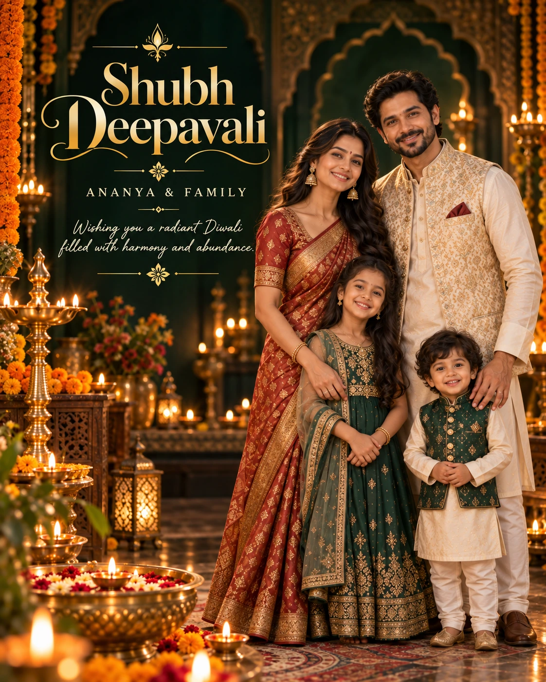 Emerald Night Haveli Editorial Portrait Diwali Wishes — Ananya & Family — Greeting Cards AI poster reference