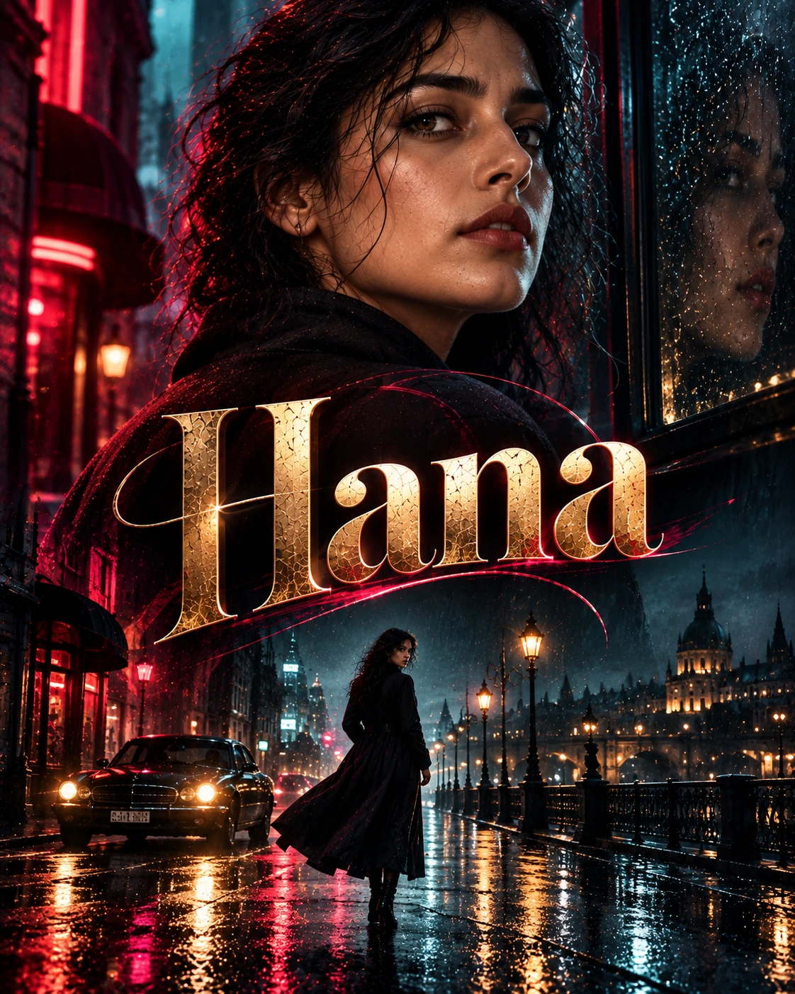 Hana — Neo Noir Towering Portrait Instagram Poster — Instagram Posts AI poster reference