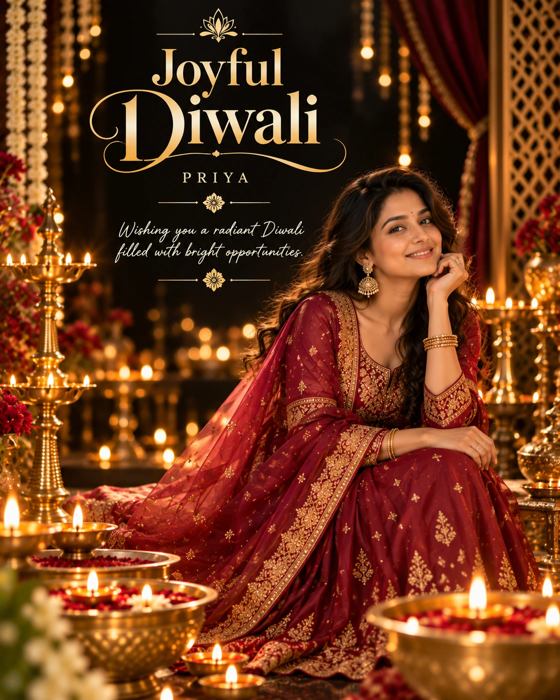 Black Velvet Diya Studio Cinematic Layered Story Diwali Wishes — Priya — Greeting Cards AI poster reference