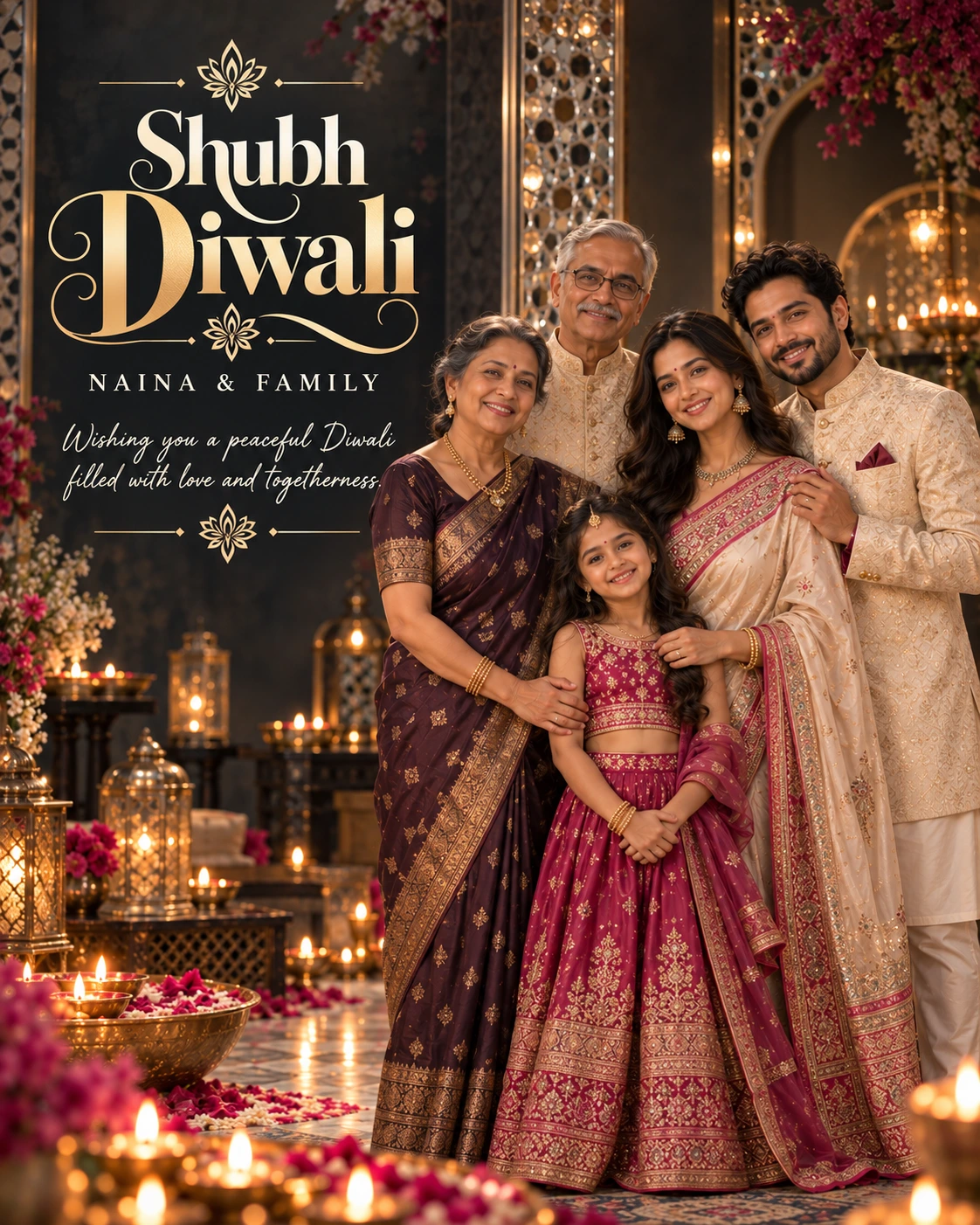 Charcoal Mirror Studio Editorial Portrait Diwali Wishes — Naina & Family — Greeting Cards AI poster reference