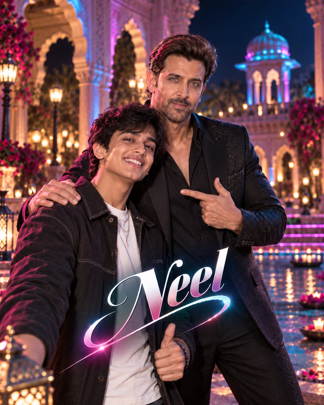 Neel with Hrithik Roshan — Neon Night Energy Dream Poster — Instagram Posts AI poster reference