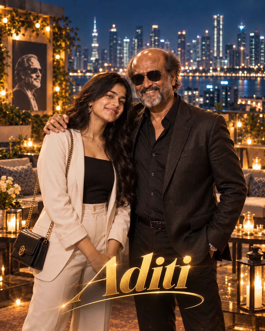 Aditi with Rajinikanth — Rooftop City Lights Dream Poster — Instagram Posts AI poster reference