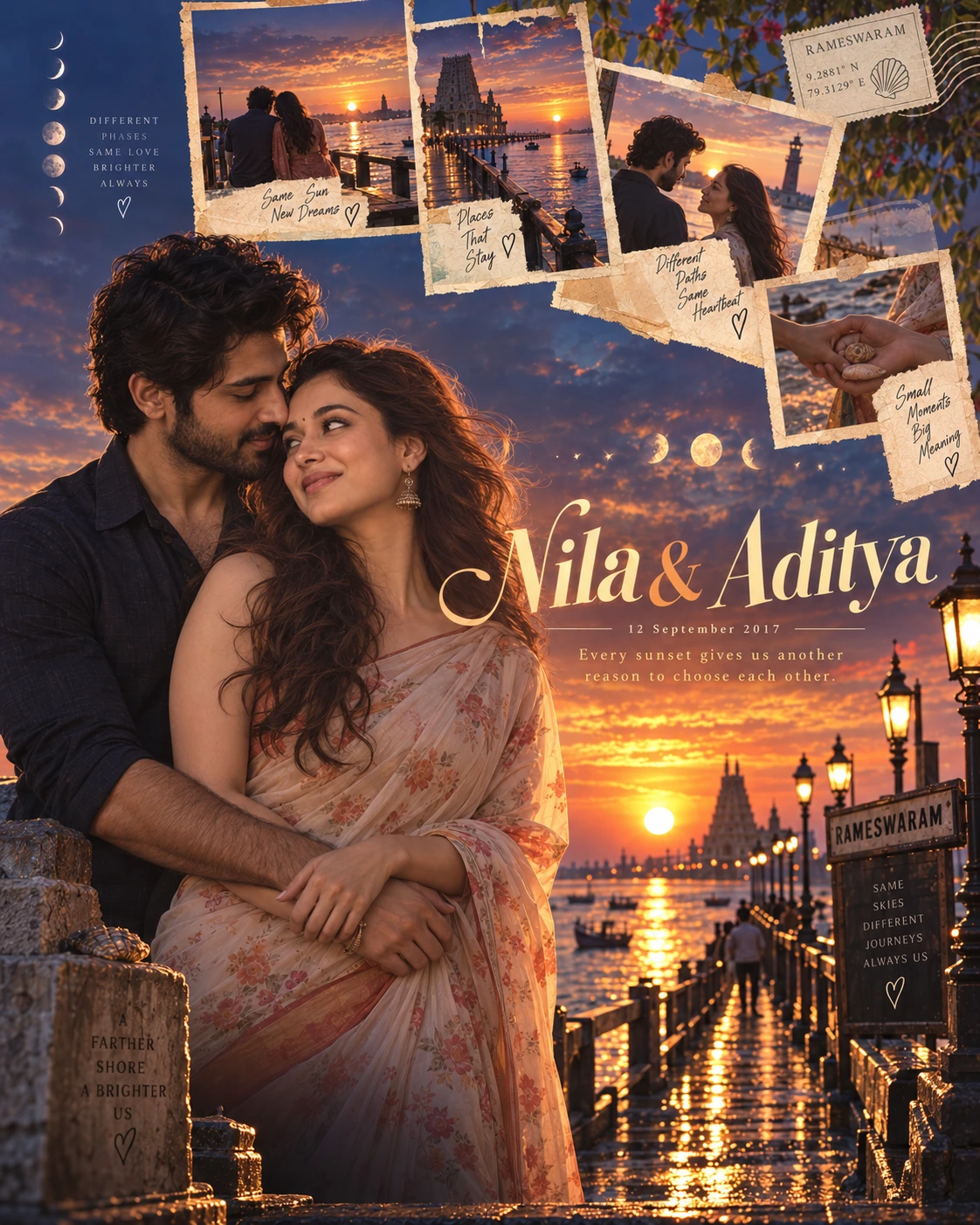 Rameswaram Postcard Cascade Sunset Love — Engagement AI poster reference