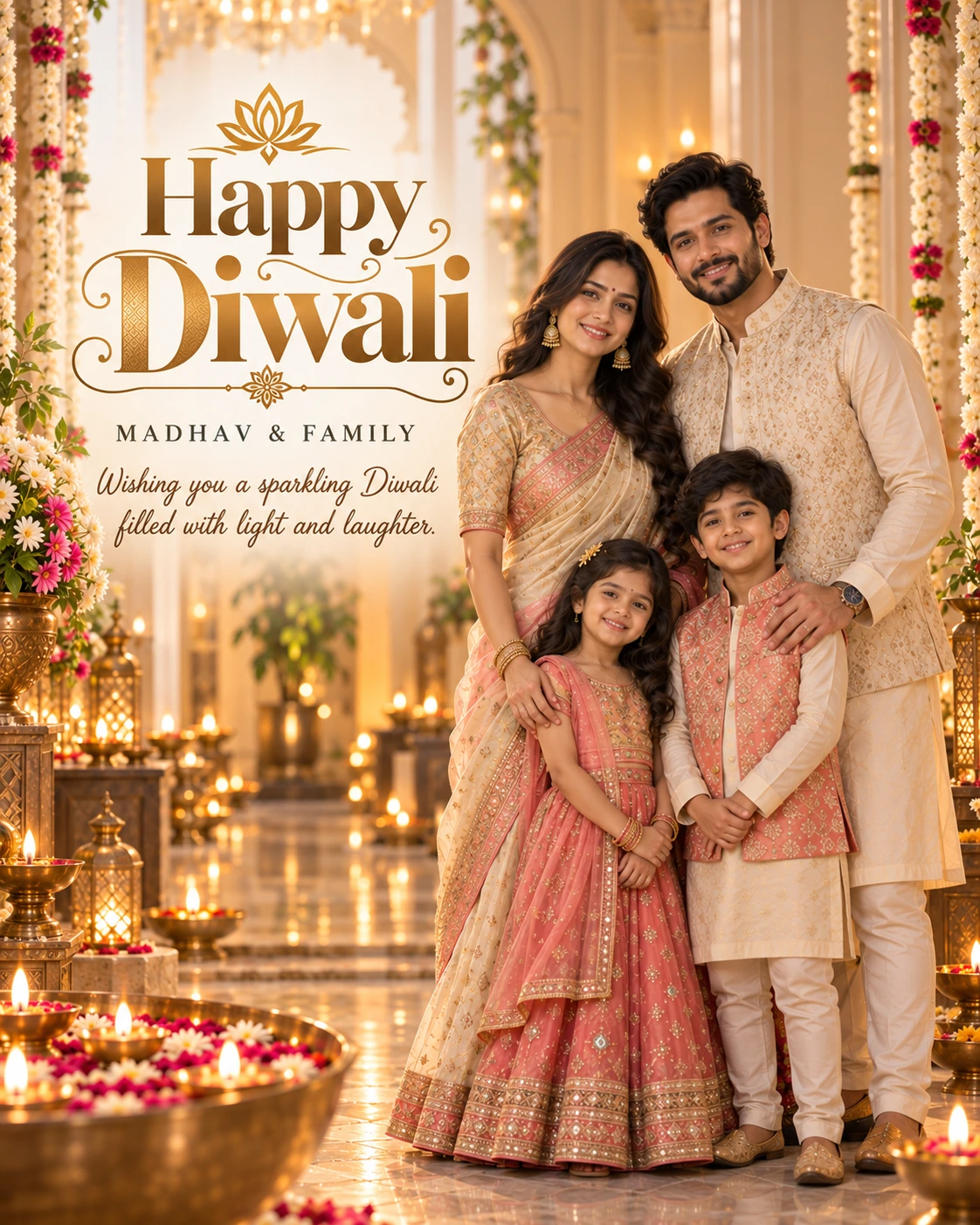 Champagne Arch Hall Editorial Portrait Diwali Wishes — Madhav & Family — Greeting Cards AI poster reference