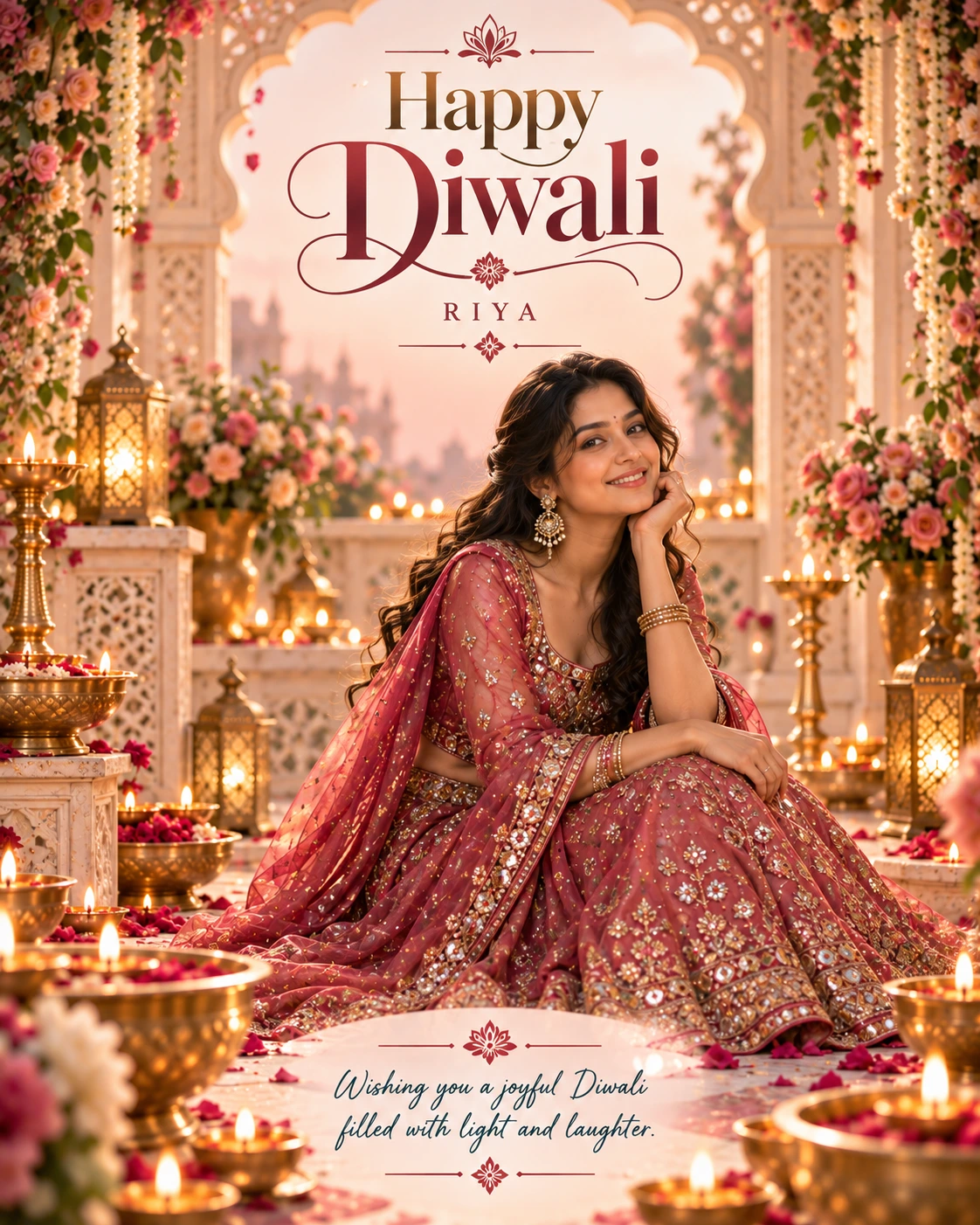 Blush Floral Jharokha Cinematic Layered Story Diwali Wishes — Riya — Greeting Cards AI poster reference