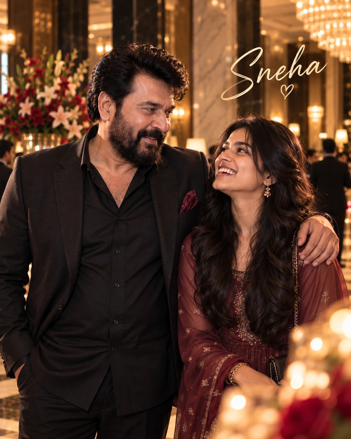 Sneha with Mammootty — Warm Tungsten Luxury Dream Poster — Instagram Posts AI poster reference