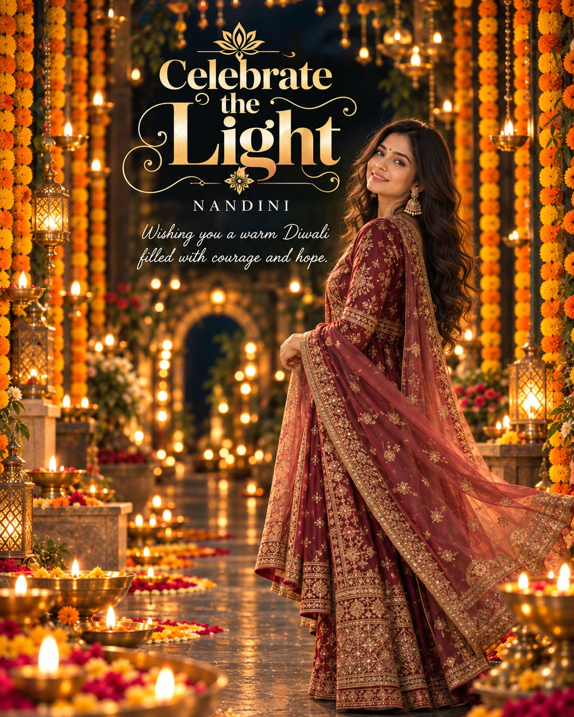 Midnight Marigold Tunnel Cinematic Layered Story Diwali Wishes — Nandini — Greeting Cards AI poster reference
