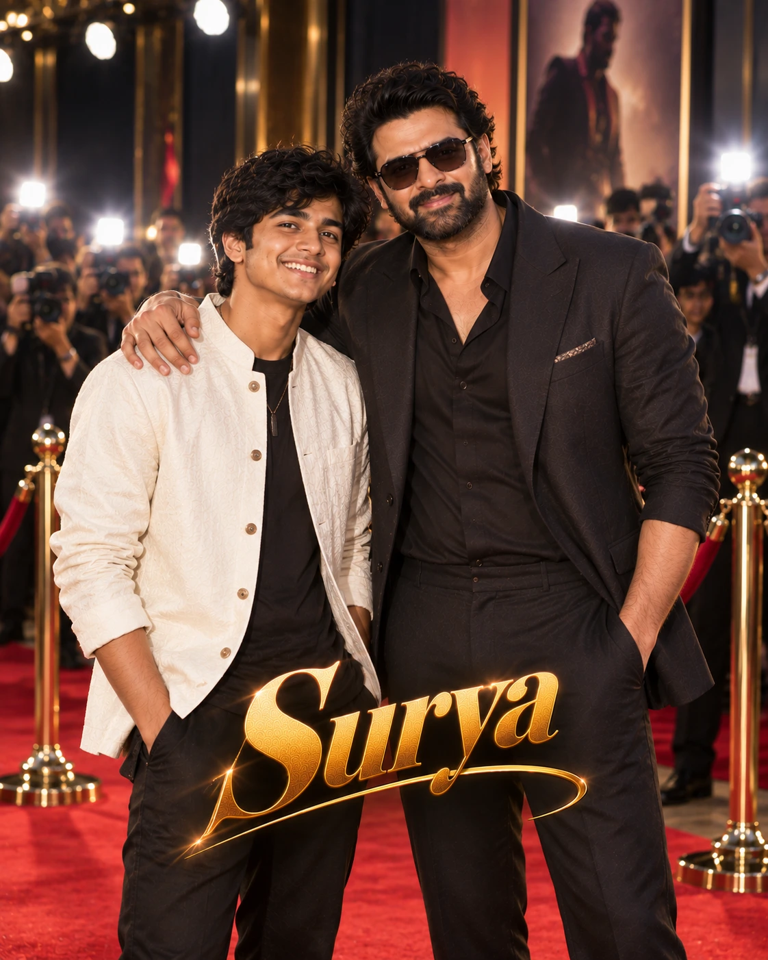 Surya with Prabhas — Direct-Flash Celebrity Snapshot Dream Poster — Instagram Posts AI poster reference