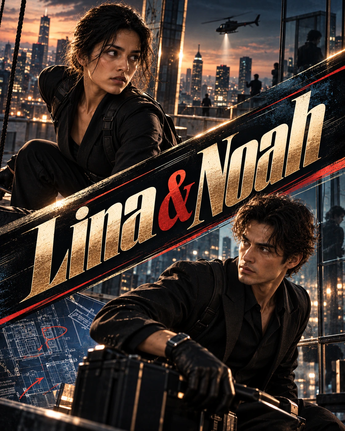 Lina & Noah — Heist Thriller Diagonal Energy Instagram Poster — Instagram Posts AI poster reference