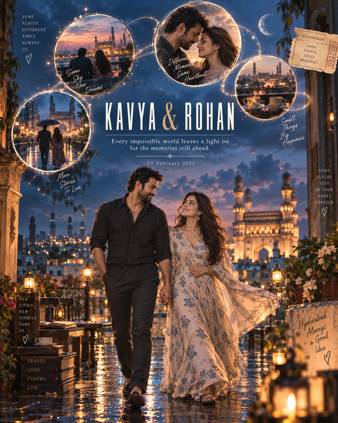 Hyderabad Terrace Flashback Orbit Surreal Romance — Engagement AI poster reference
