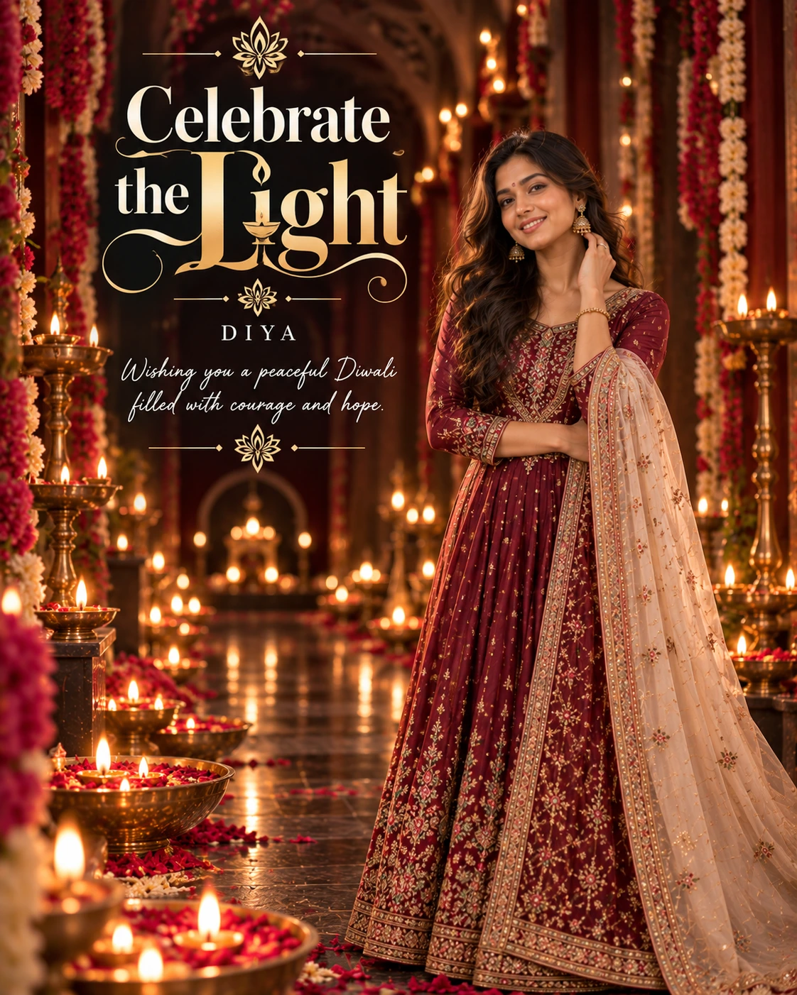 Ruby Candle Corridor Editorial Portrait Diwali Wishes — Diya — Greeting Cards AI poster reference