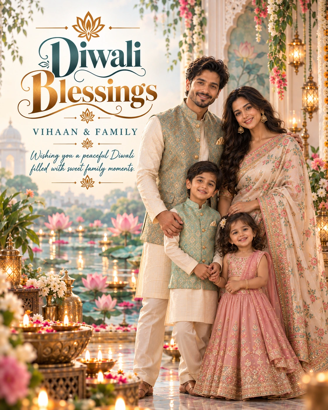 Watercolor Lotus Pond Editorial Portrait Diwali Wishes — Vihaan & Family — Greeting Cards AI poster reference