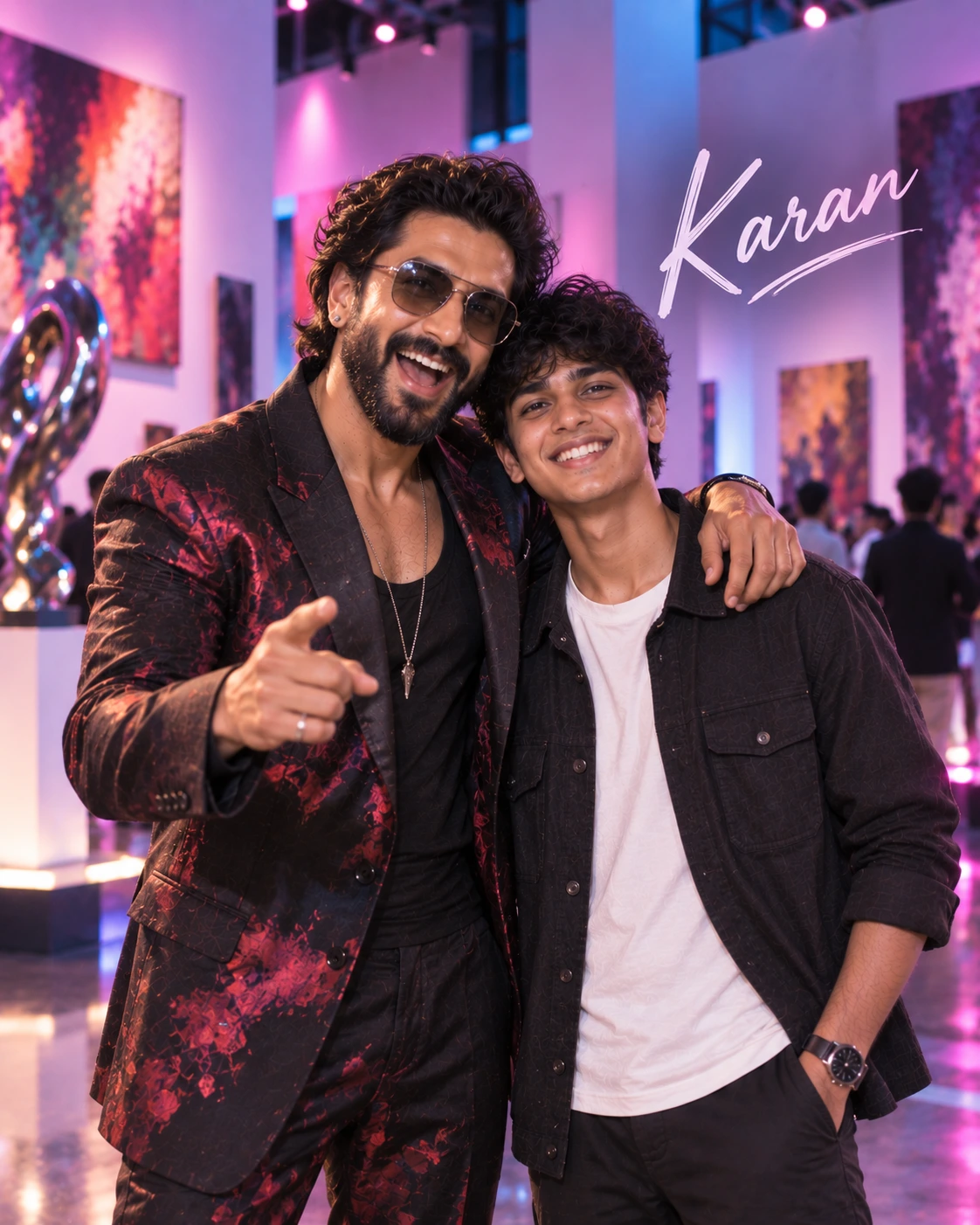 Karan with Ranveer Singh — Neon Night Energy Dream Poster — Instagram Posts AI poster reference