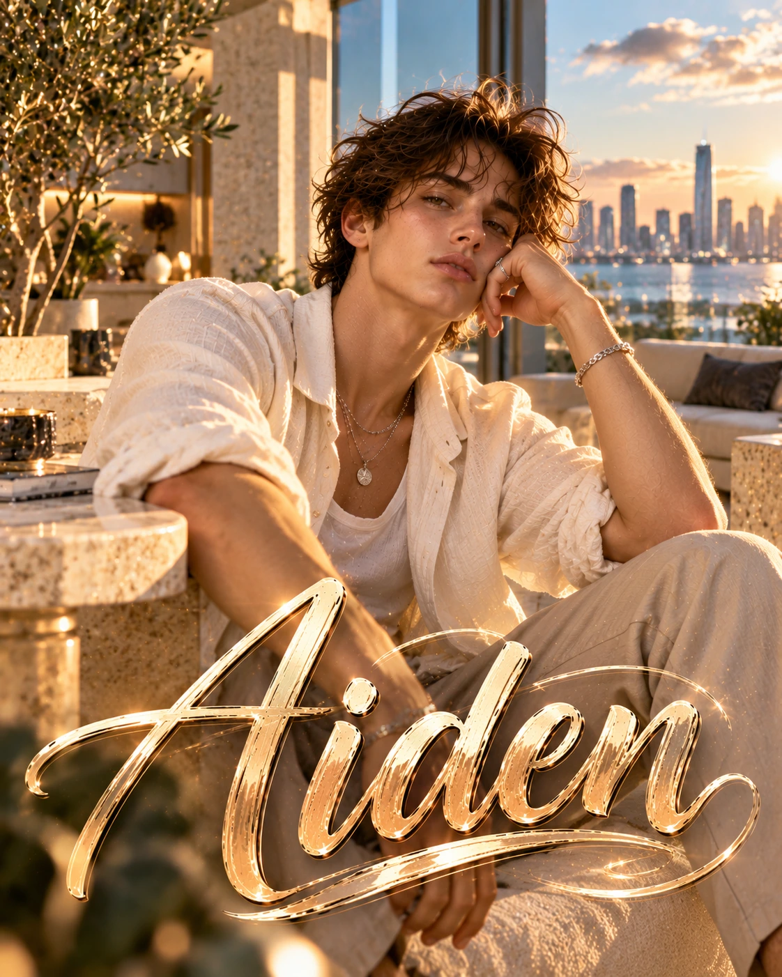 Aiden — Clean Girl Luxe Environmental Halfbody Profile Poster — Instagram Posts AI poster reference