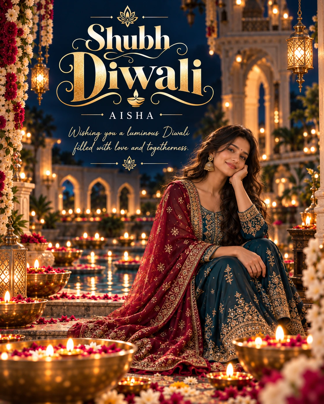 Navy Palace Courtyard Cinematic Layered Story Diwali Wishes — Aisha — Greeting Cards AI poster reference