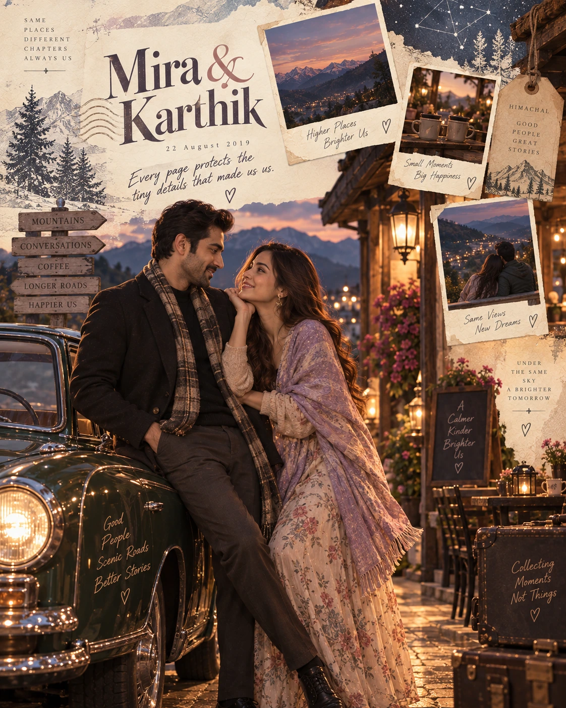 Hill Station Postcard Drive Storybook Love — Anniversary AI poster reference