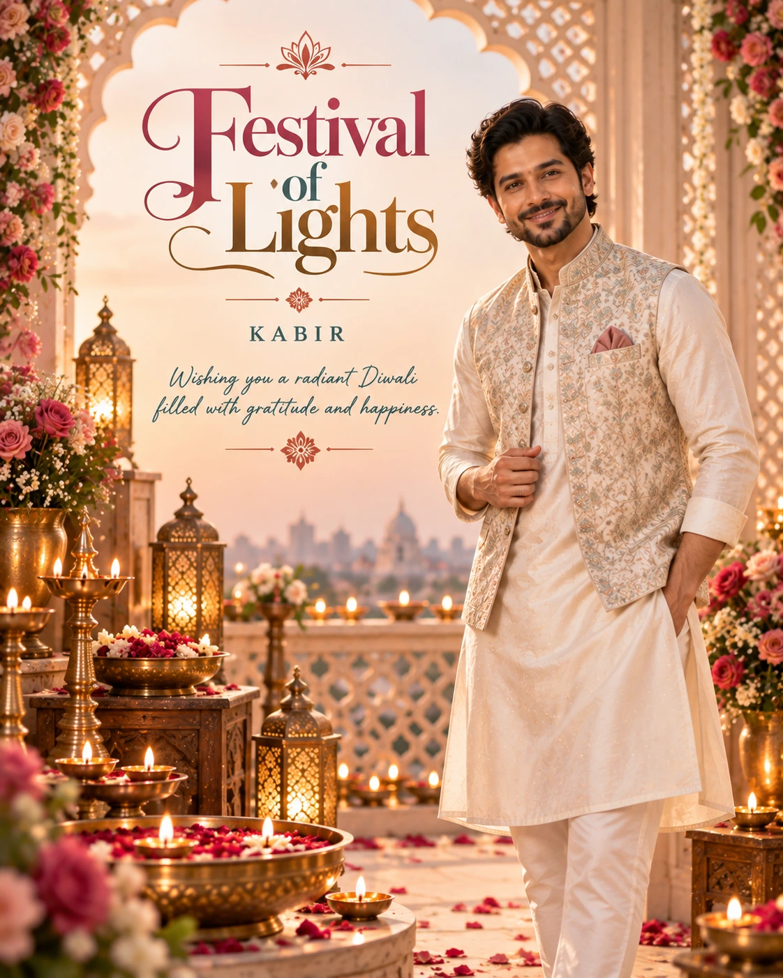 Blush Floral Jharokha Editorial Portrait Diwali Wishes — Kabir — Greeting Cards AI poster reference