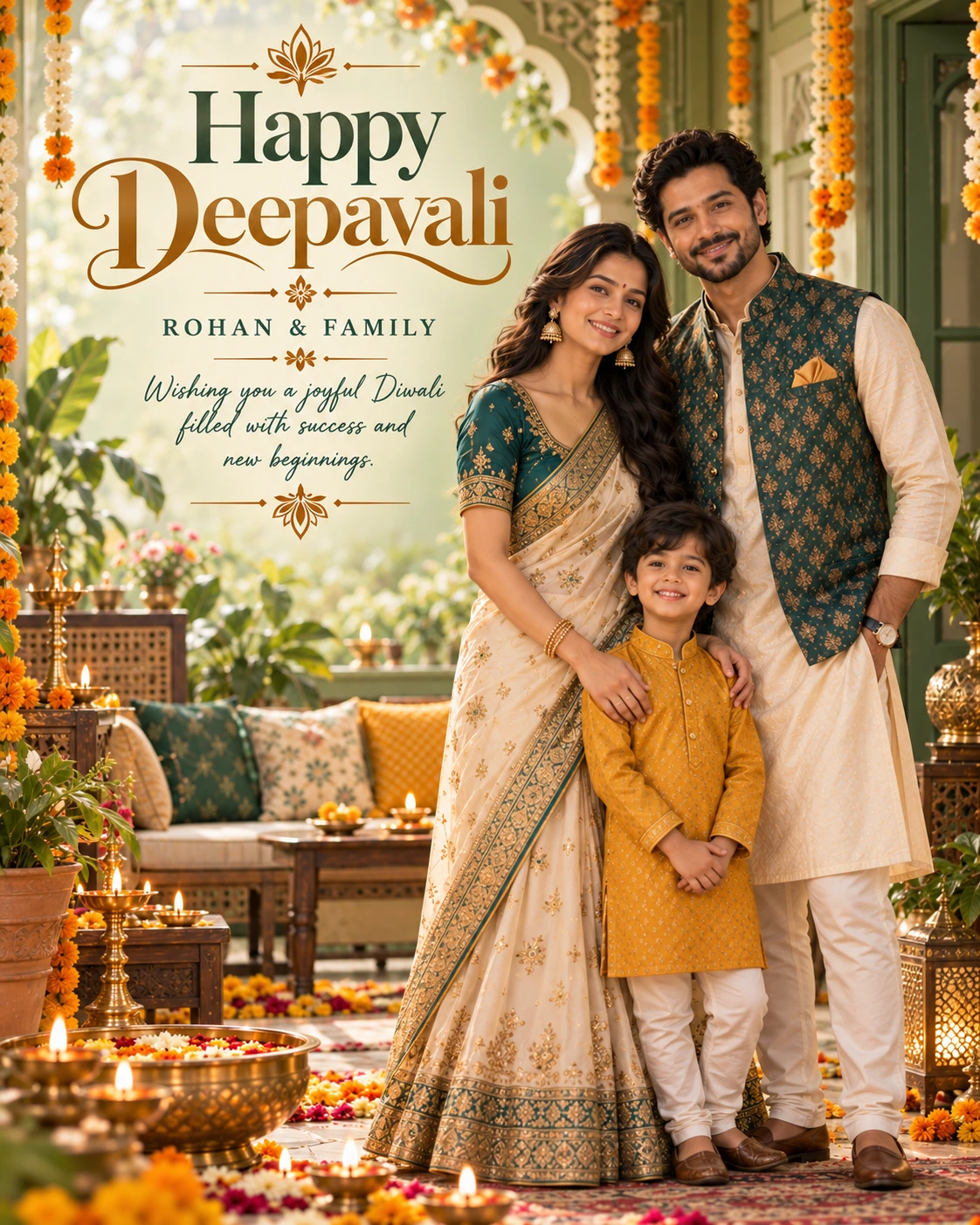 Sage Festive Veranda Editorial Portrait Diwali Wishes — Rohan & Family — Greeting Cards AI poster reference