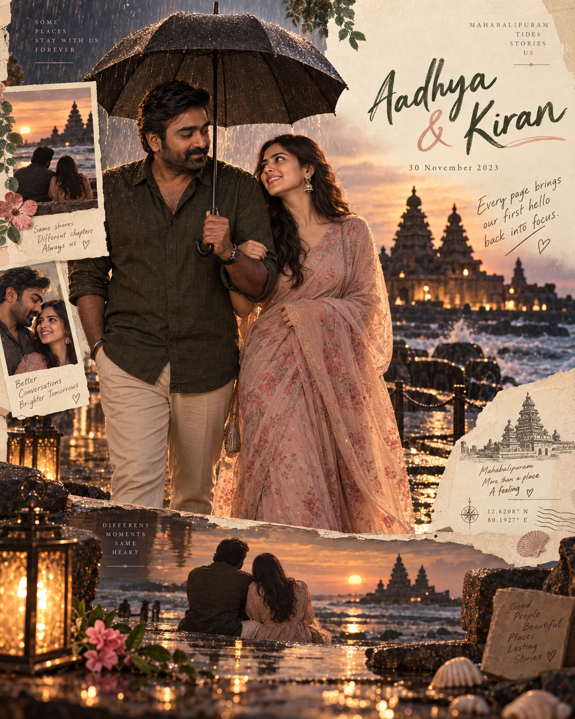 Mahabalipuram Rain Reflection Storybook Love — Anniversary AI poster reference