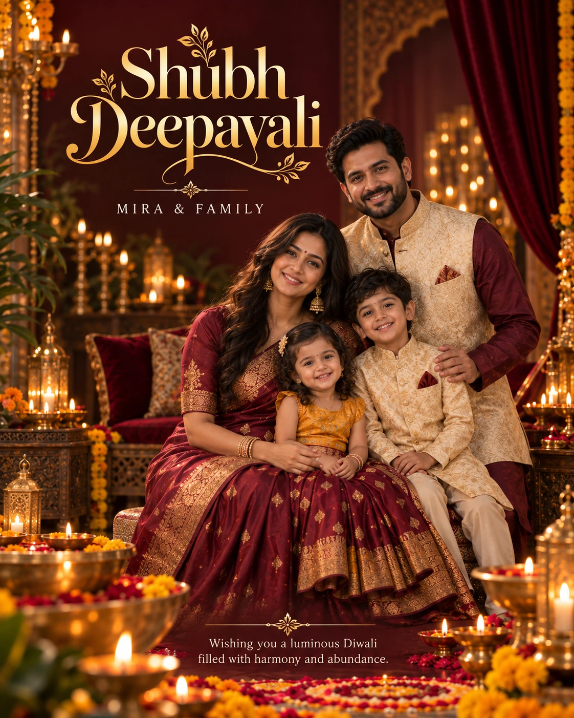 Burgundy Rangoli Room Cinematic Layered Story Diwali Wishes — Mira & Family — Greeting Cards AI poster reference