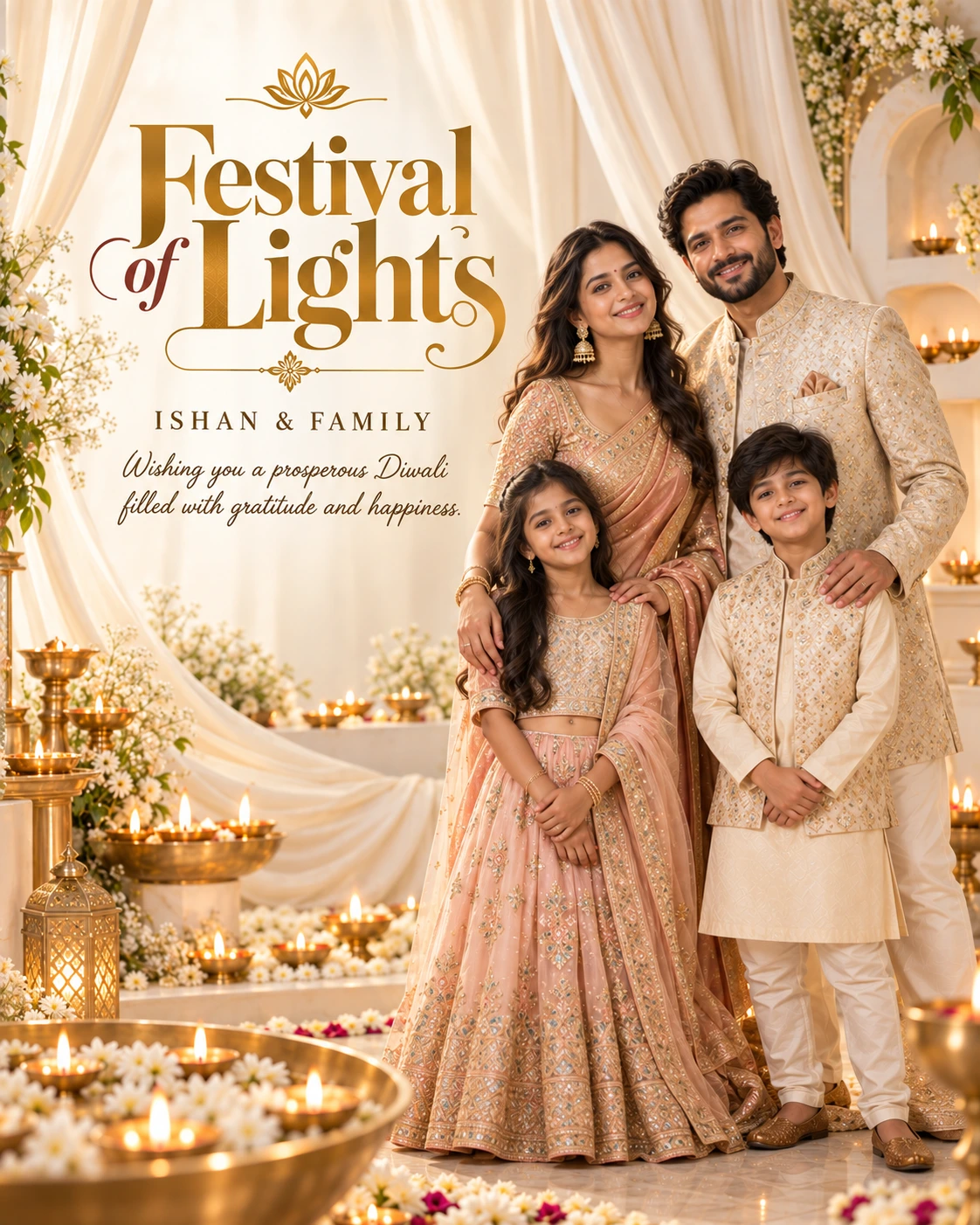 Ivory Silk Drape Editorial Portrait Diwali Wishes — Ishan & Family — Greeting Cards AI poster reference