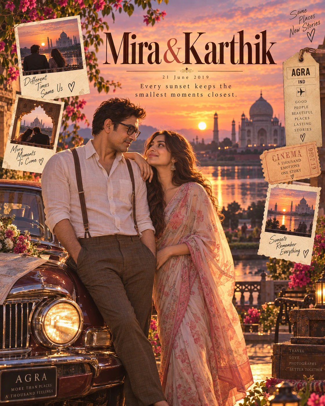 Riverside Garden Postcard Drive Sunset Love — Engagement AI poster reference