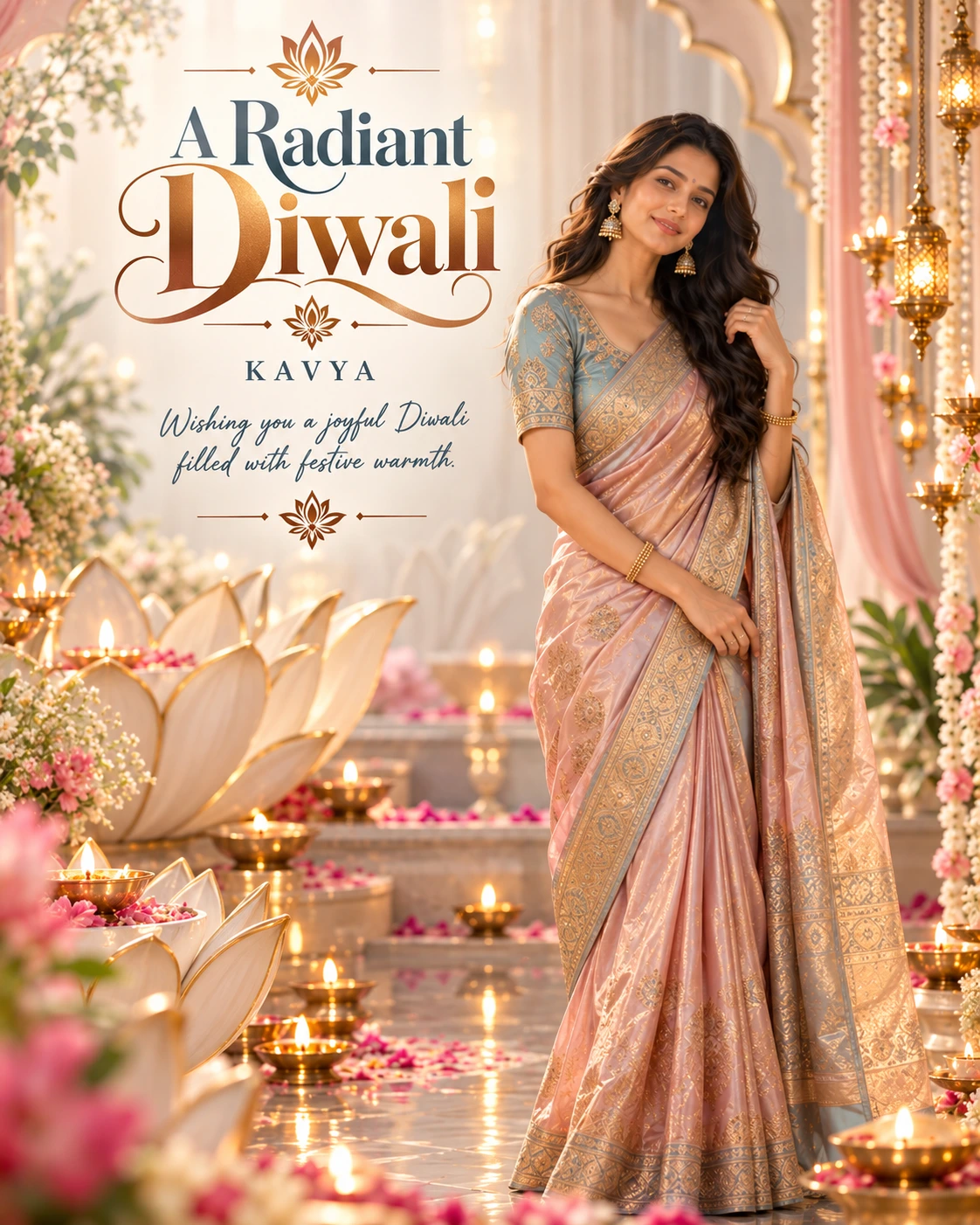 Pearl Lotus Studio Editorial Portrait Diwali Wishes — Kavya — Greeting Cards AI poster reference