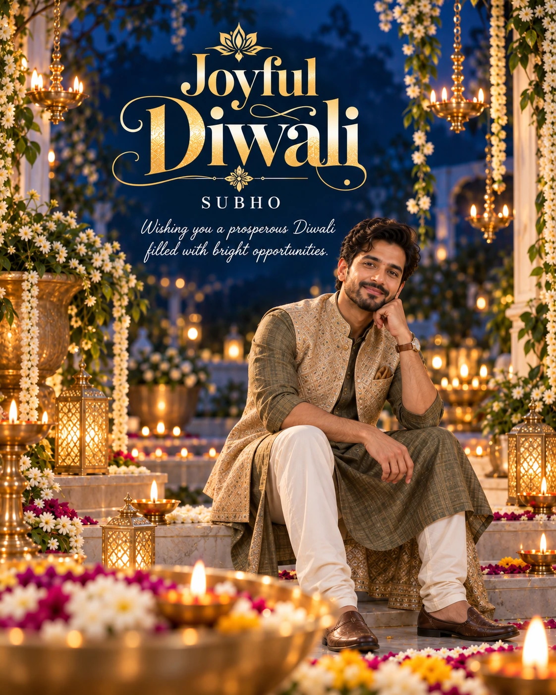 Cobalt Night Garden Cinematic Layered Story Diwali Wishes — Subho — Greeting Cards AI poster reference