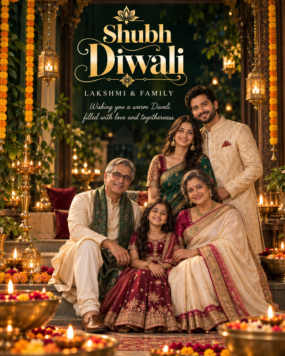 Forest Green Veranda Cinematic Layered Story Diwali Wishes — Lakshmi & Family — Greeting Cards AI poster reference