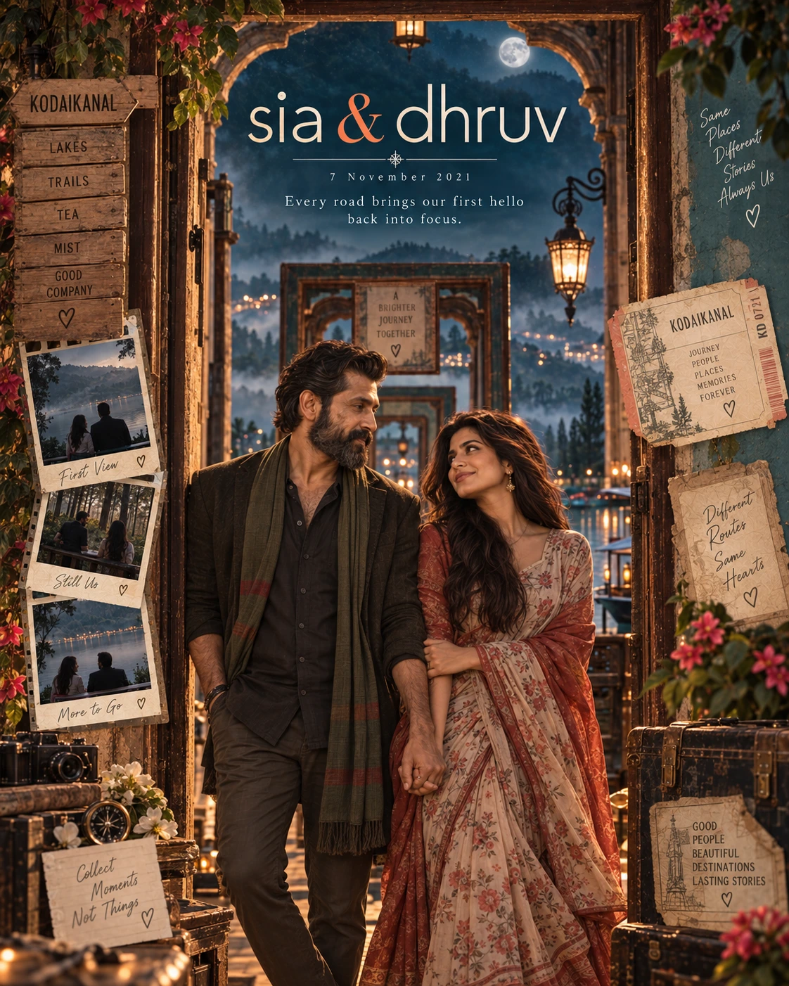 Kodaikanal Nested Doorway Love Journey — Anniversary AI poster reference