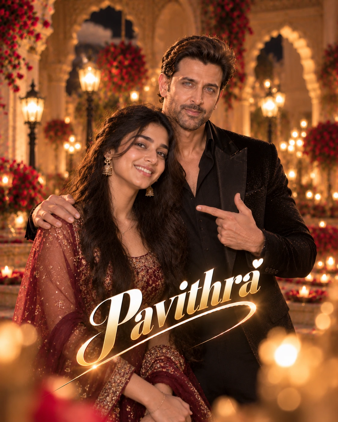 Pavithra with Hrithik Roshan — Warm Tungsten Luxury Dream Poster — Instagram Posts AI poster reference