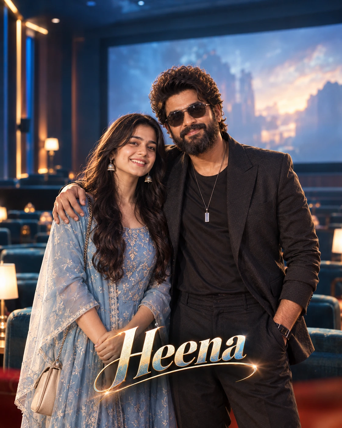 Heena with Allu Arjun — Blue-Hour Cinematic Calm Dream Poster — Instagram Posts AI poster reference