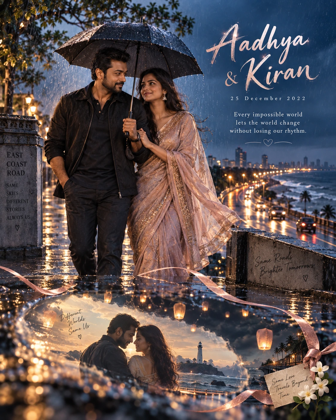 ECR Coast Rain Reflection Surreal Romance — Engagement AI poster reference