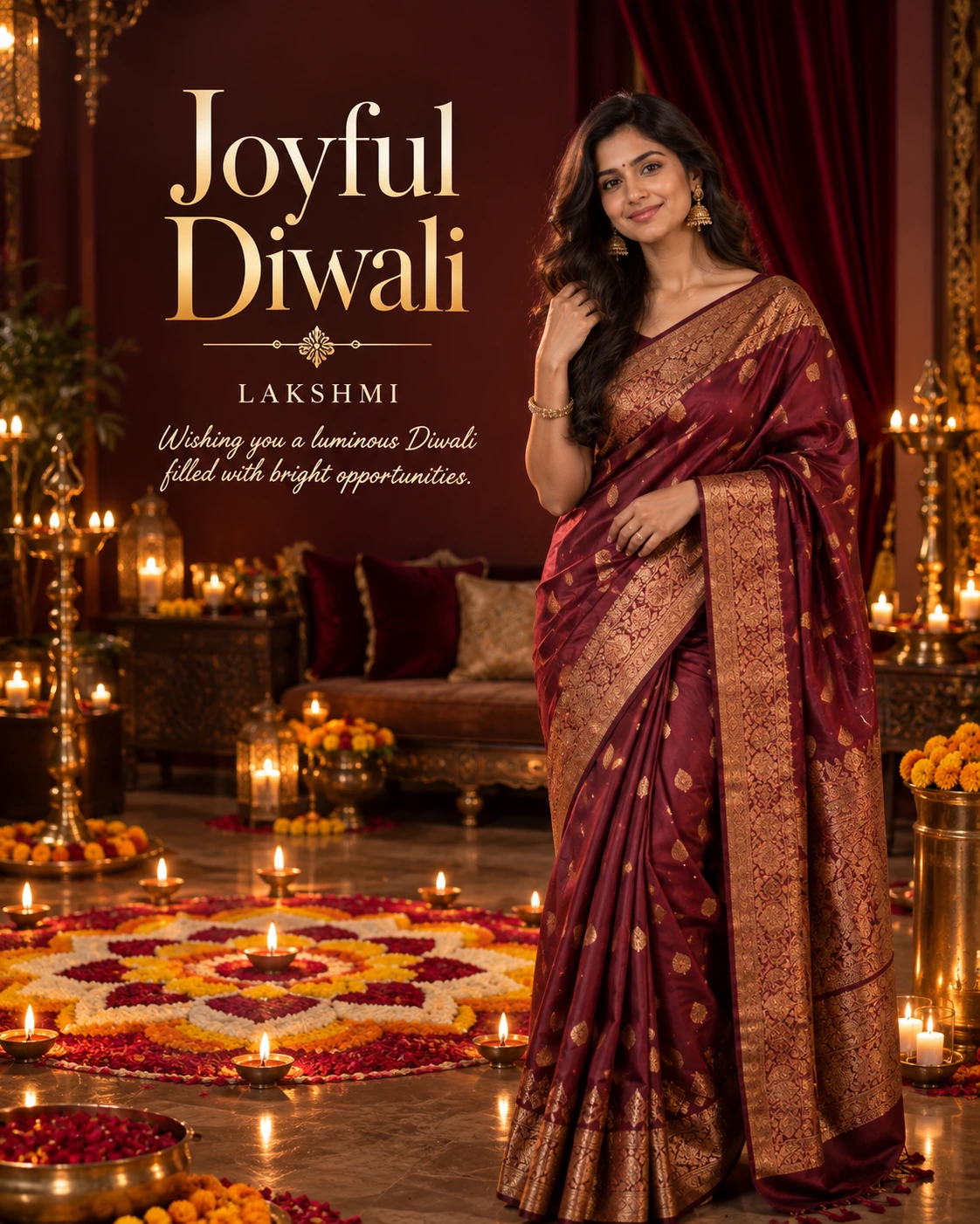 Burgundy Rangoli Room Editorial Portrait Diwali Wishes — Lakshmi — Greeting Cards AI poster reference