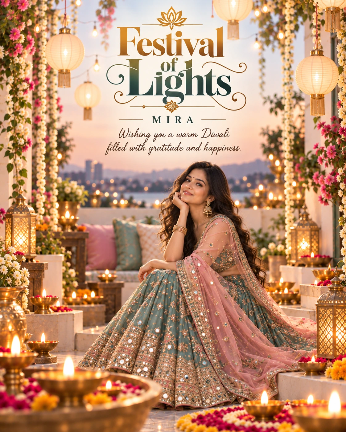 White Lantern Terrace Cinematic Layered Story Diwali Wishes — Mira — Greeting Cards AI poster reference